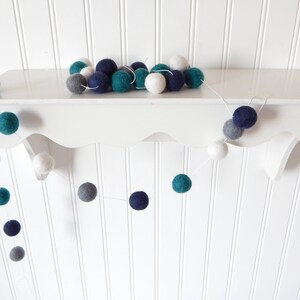 Garland, Boy Nursery Decor, Felt Ball Garland, Pom Pom Garland, Boy Bunting, Party Decor, Playroom Decor, Nautical, Teal, Aqua, Navy, Gray image 1