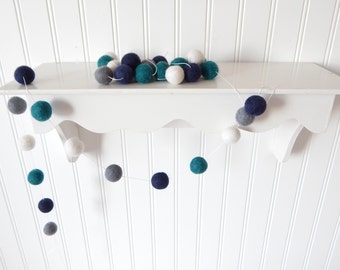 Garland, Boy Nursery Decor, Felt Ball Garland, Pom Pom Garland, Boy Bunting, Party Decor, Playroom Decor, Nautical, Teal, Aqua, Navy, Gray