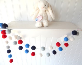 Fourth of July Garland, July 4th Decoration Felt Ball Garland, 4th of July Party Decor, Vintage, Red White Blue, Independence Day, Americana