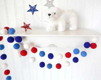 Fourth of July Garland, July 4th Decoration Felt Ball Garland, 4th of July Party Decor, Vintage, Red White Blue, Independence Day, Americana