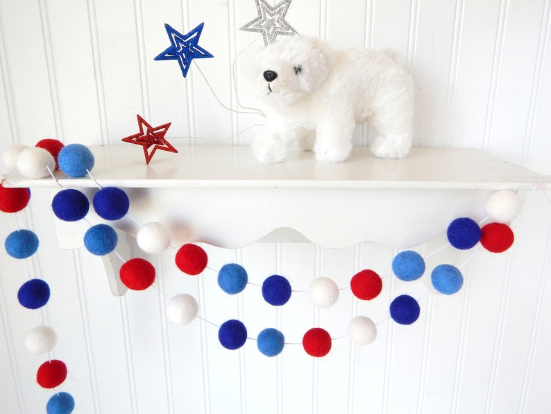 Fourth of July Garland, July 4th Decoration Felt Ball Garland, 4th of July Party Decor, Vintage, Red White Blue, Independence Day, Americana image 1