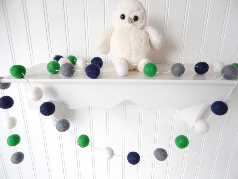 Green and Navy Felt Ball Garland, Nautical Nursery Decor, Felt Ball Garland, Pom Pom, Baby Boy Nursery Decor, Playroom Decor, Gray image 1