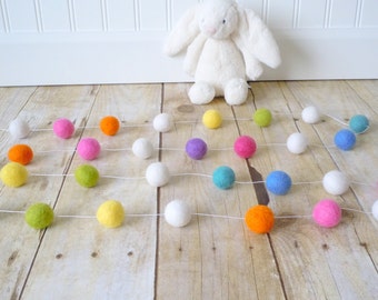 Felt Ball Garland, Nursery Decor, Garland, Wool Pom Pom Garland, Baby Shower, Spring Garland, Shabby Bunting, Banner, Rainbow,  Easter