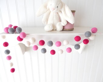 Pink Garland, Girl Nursery Decor, Felt Ball Garland, Pom Pom Garland, Girl's Room Decor, Party Decor, Photo Prop, Playroom Decor, Pink Gray