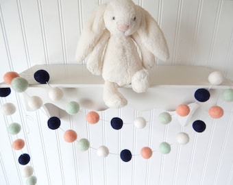 Coral and Navy Garland, Felt Ball Garland, Aztec Nursery, Tribal Nursery Decor, Pom Pom Banner, Peach Coral Mint Navy, Gender Neutral, Boho