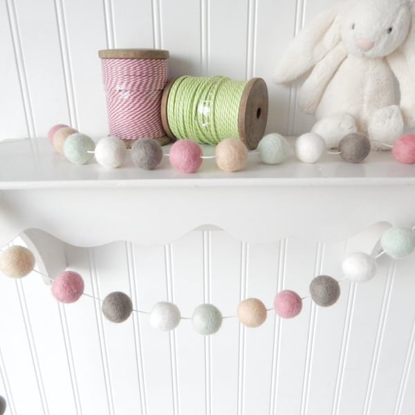 Shabby Girl Nursery Decor, Felt Ball Garland, Baby Girl Nursery, Vintage Girl's Room, Pom Pom Garland Bunting Banner, Pink, Mint Green, Gray