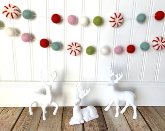 Peppermint Felt Ball Garland, Christmas Banner, Christmas Tree Decoration, Wool Balls, Red Pink Blue Green, Holiday Decoration, Mantel Decor