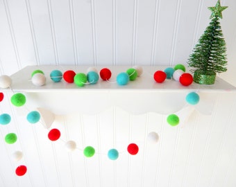 Christmas Garland, Christmas Felt Ball Garland, Pom Pom Garland, Christmas Decor, Christmas Tree Garland Mantel Decor Holiday Decor, Vintage