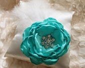 Teal/Turquoise Winter Wedding Ring Pillow with Feathers and Gorgeous Snowflake Brooch / Ring Pillow / Wedding/ Ring Bearer