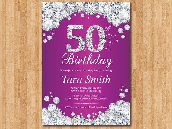 50th Birthday Invitation women. Purple Rhinestone Diamond ...