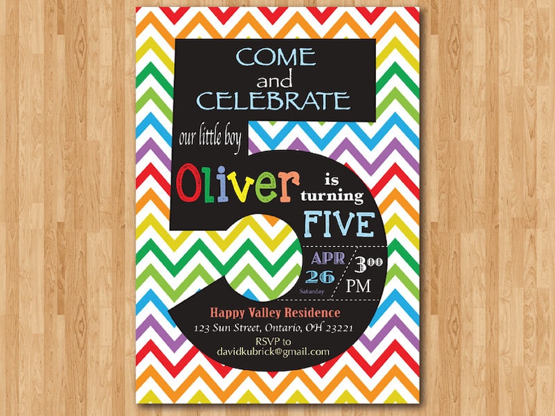 rainbow-5th-birthday-invitation-colorful-chevron-birthday-etsy