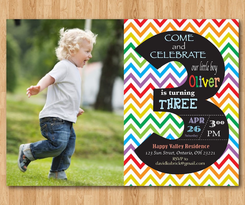 Rainbow 3rd Birthday Invitation. Chevron Third Birthday Party Etsy