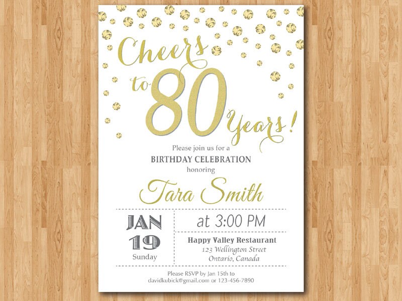 80th birthday invitation. Gold Glitter. Cheers to 80 Years | Etsy
