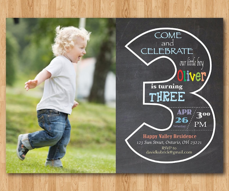 Chalkboard 3rd Birthday Invitation With Picture. Third Birthday Invite