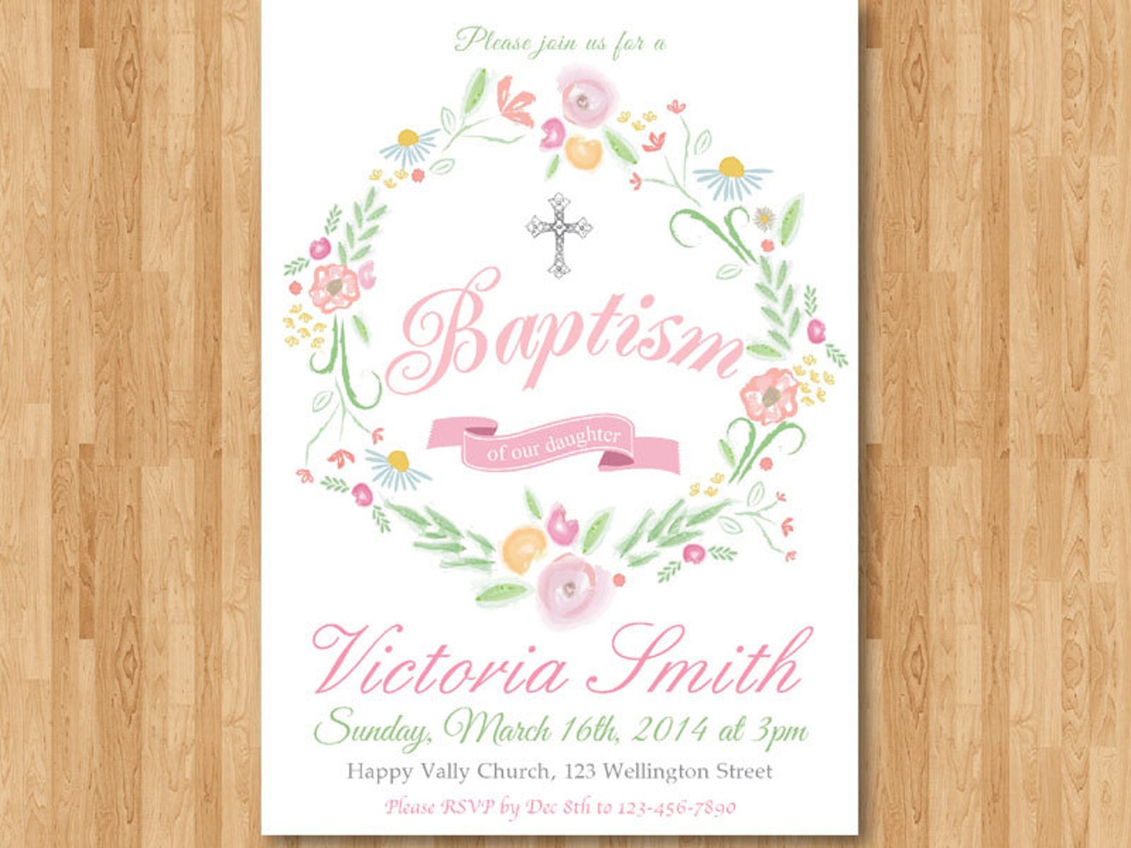 Baptism Invitation. Floral Wreath Baptism Invitation. Etsy
