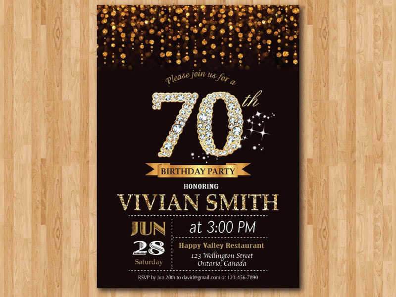 70th birthday invitation. Gold Glitter Birthday Party invite. | Etsy