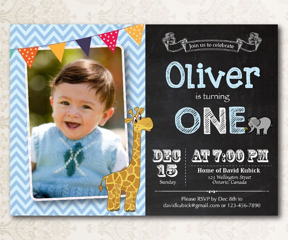 giraffe birthday invitation boy or girl first birthday invites chalkboard bunting invitations printable digital diy any custom color first birthday invitations boy