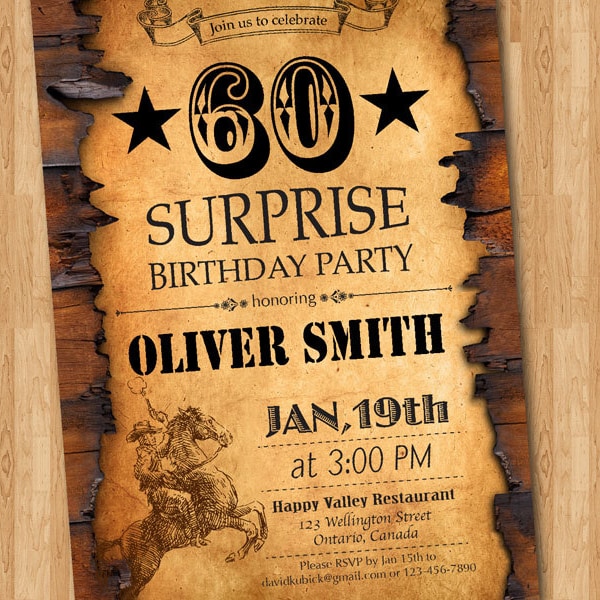 60th birthday invitation. Western birthday for men. Adult birthday. Surprise Party. 40th 50th 70th 80th 90th any age. Printable digital DIY.