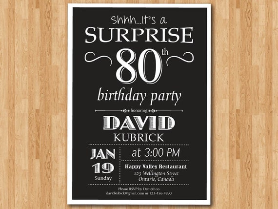 Surprise 80th birthday invitation. 70th 90th. Chalkboard. | Etsy
