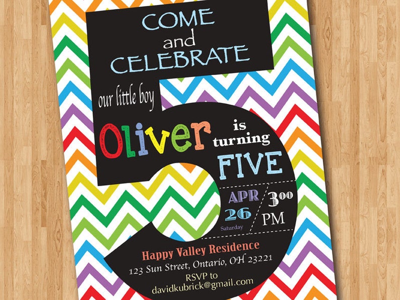Rainbow 5th Birthday Invitation Colorful Chevron Birthday Etsy
