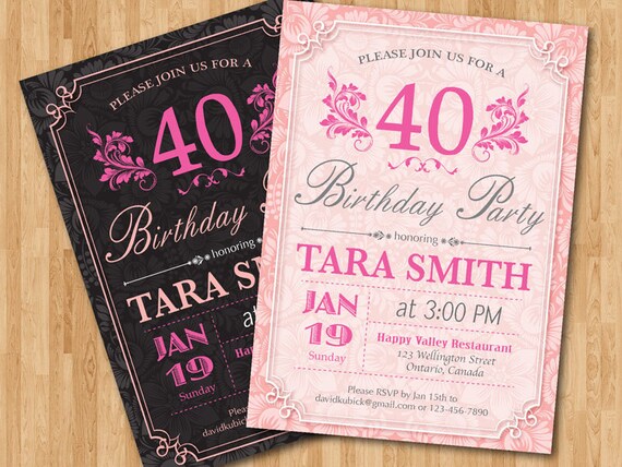 Quarantesimo Compleanno Invito Per Donna Festa Di Compleanno Adulti Invita Colore Rosa E Nero O Qualsiasi Personalizzato Floreale Qualsiasi Età