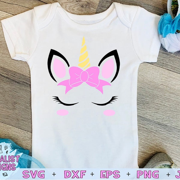 unicorn face svg, unicorn svg, horn, bow svg, eyelashes svg, printable, shirt svg, kawaii unicorn, cricut cut files, silhouette, vector