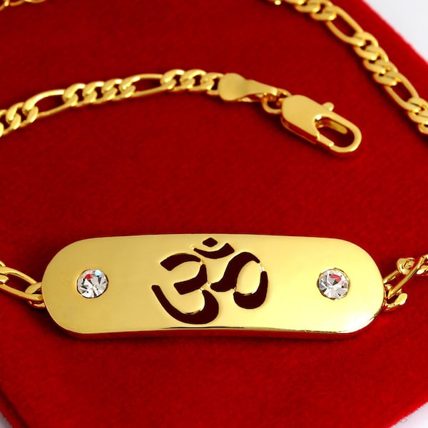 OM - AUM Bracelet - 18 Carats Plaqué or Bracelet Personnalisé. 10 "Figaro chaîne avec goîte-cadeau et un sac-cadeau.