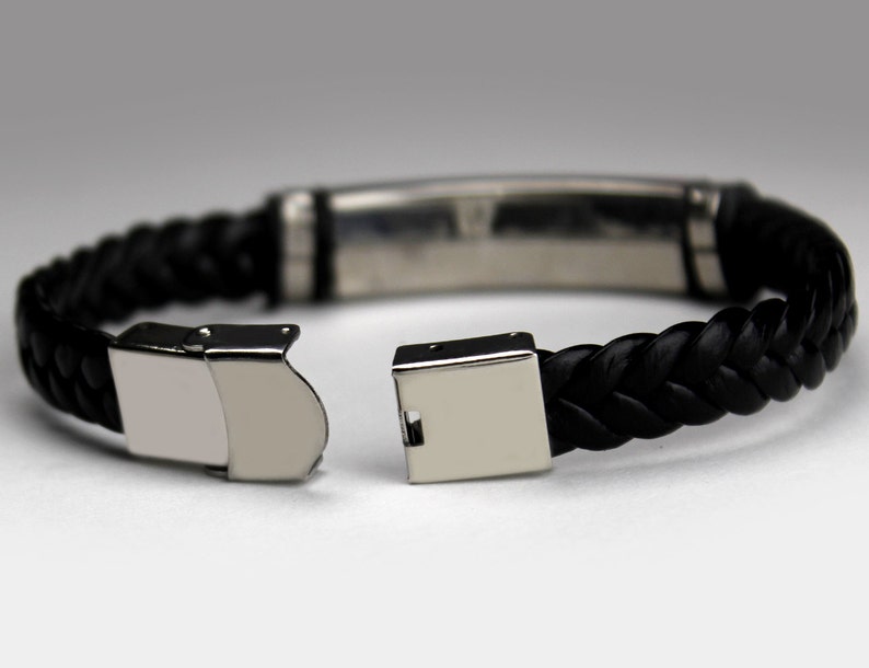 BLACK Mens Leather Bracelet, Braided Wrap Bracelet, Engraving