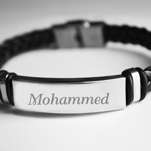 Name Bracelet MOHAMMED - Personalised Mens Leather Braided Engraved Bracelet. Including Gift Box and Gift Bag.