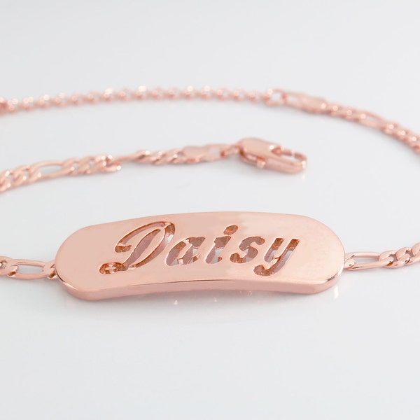 Name Bracelet DAISY - Rose Gold Plated 18K Personalised Bracelet. 10" Figaro Chain with Gift Box and Gift Bag.