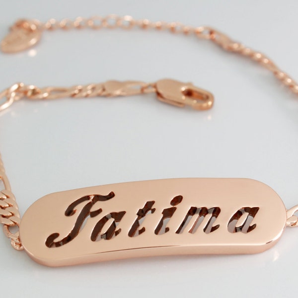Name Bracelet FATIMA - Rose Gold Plated 18K Personalised Bracelet. 10" Figaro Chain with Gift Box and Gift Bag.