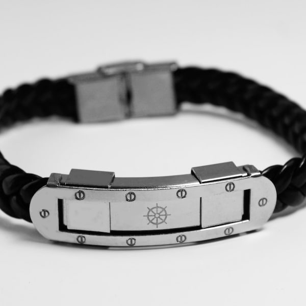 Symbol Bracelet DHARMACHAKRA  - Personalised Mens Leather Braided Engraved Bracelet. Including Gift Box and Gift Bag.