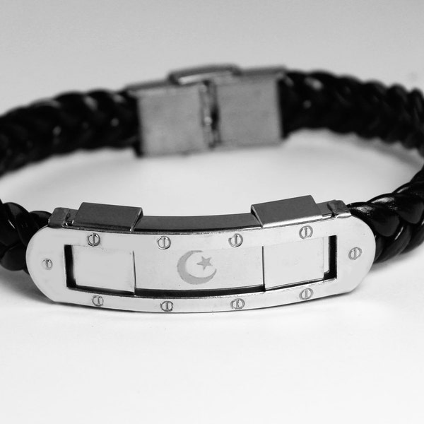 MOON & STAR  bracelet Personalized - Personalised Mens Leather Braided Engraved Bracelet. Including Gift Box and Gift Bag.