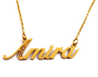 Name Necklace Amira - Gold Plated 18ct Personalised Necklace with Crystals