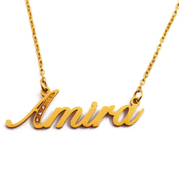 Name Necklace Amira - Gold Plated 18ct Personalised Necklace with Crystals