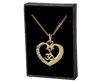 Hindu Heart Necklace - Om Aum in Heart 18K Gold Plated Including Free Gift Box & Bag