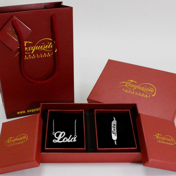 LOLA plaqué or Collier Prénom et nom Bracelet cadeau Set | Cadeaux personnalisés pour elle | Mariage Noël anniversaire Pendentif Bijoux