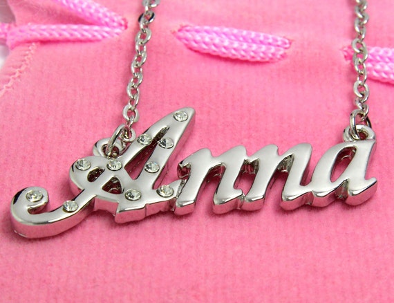 Name Necklace Anna - White Gold Plated 18ct Personalised Necklace with Czech Crystals