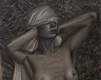 Hiding, Original charcoal, chalk, and colored pencil drawing