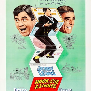 May include: A movie poster for the film "Hook, Line & Sinker" starring Jerry Lewis, Peter Lawford, and Anne Francis. The poster features a green background with a cartoon image of Jerry Lewis running away from credit cards. The text on the poster reads "JERRY has to get away from it all! even if it means a $100,000 Spree on credit cards!"