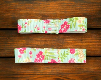 FLORAL TROPICAL Straight Hair Bows 3.5" (1 Pair) - Pink, Green, Hair Bows, Hair Clips, Barrettes, Bows