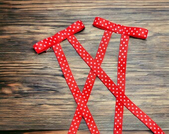 POLKADOTS RED Long Tail Bows  (1 Pair) - Hair Bows, Hair Clips, Barrettes, Bowsair bows, girls barrettes, pretty bows