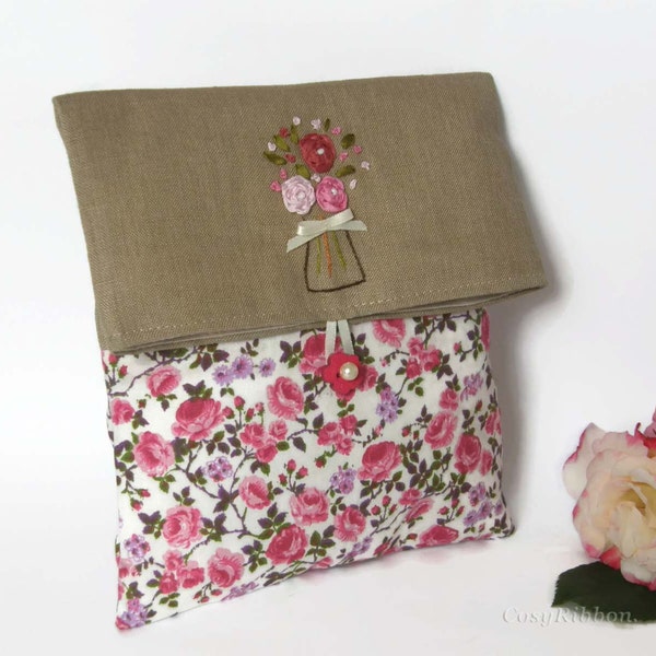 Foldover Linen Clutch Bag, Bridal Clutch Bag, Flowery Clutch Bag, Bridesmaid Clutch, Elegant Cosmetic Clutch, Silk Bag, Make Up Bag