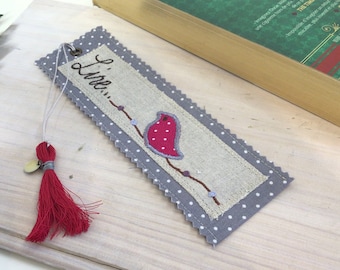 Embroidered book mark, Fabric Embroidered Bookmark, Bird Tab, Customizable Bookmark, Notebook Fabric Flap, gray Bookmark/ Bible Bookmark