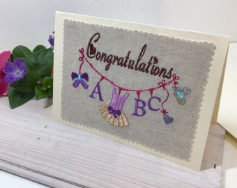 Congratulations card, birth celebrate card, customizable card, embroidered card, Baby Girl card with tutu, baby shower card, greetings