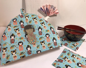 Funda para tetera Kokeshi de algodón japonés, cubierta bordada para tetera, calentador de té acolchado