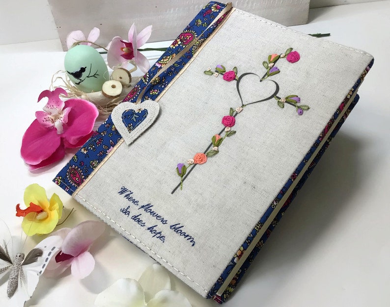 Fabric Bible Cover, Cross Bible Cover, Flowered Bible Cover, Customizable Book Cover, Journal Cover, Book Case, Paperback Book Cover, image 1