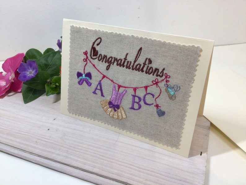 Congratulations card, birth celebrate card, customizable card, embroidered card, Baby Girl card with tutu, baby shower card, greetings image 1