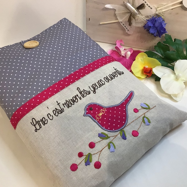 Embroidered Bird Book Sleeve: Polka Dot Padded Book Cover, Custom Size, various sizes