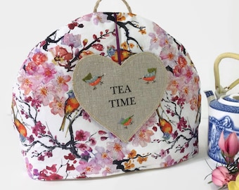 Birds Tea Cozy, Teapot Tea Cozy, Floral Linen embroidered  Tea Cosy, chic tea cozy, pretty tea cozy, teapot cover, tea accessory,